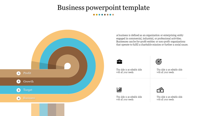 Slide illustrating business steps with concentric circles in gray, brown, blue, and yellow, with labeled categories.