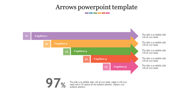 Arrows PowerPoint template with five colorful arrows and caption sections for each.