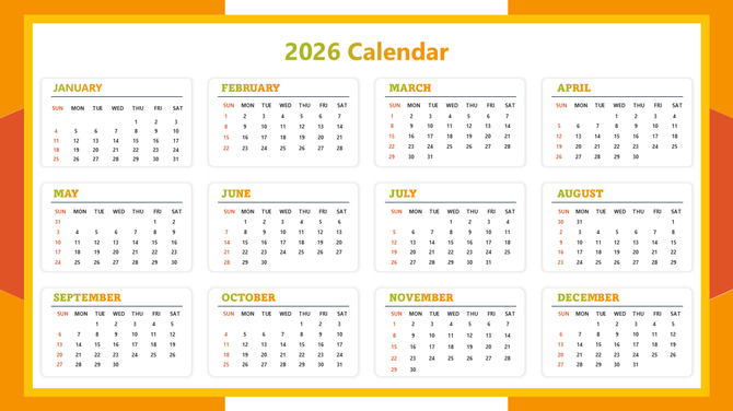 Calendar In PowerPoint Template showing 2026 yearly grid, white month cards, green headers.