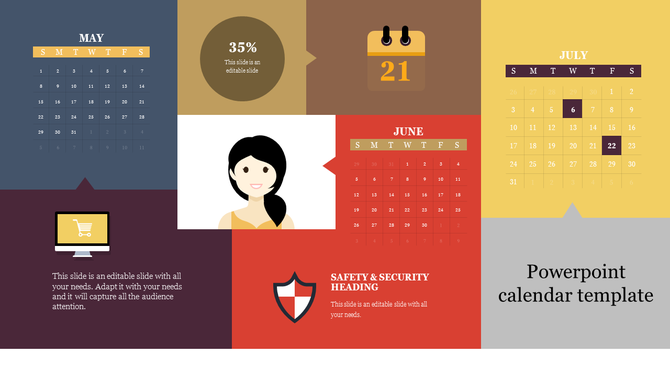 Colorful calendar layout slide for May, June, and July 2025, with highlighted dates, shopping cart, and security shield icon.