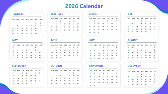 Calendar PPT 2026 yearly layout with 12 month grids, teal dates, white cards, rounded shapes for planning.