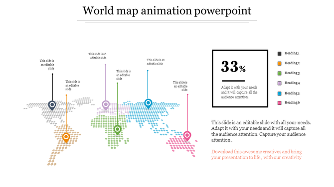 World map animation slide with colorful markers, showing headings and percentages for various regions with placeholder text.