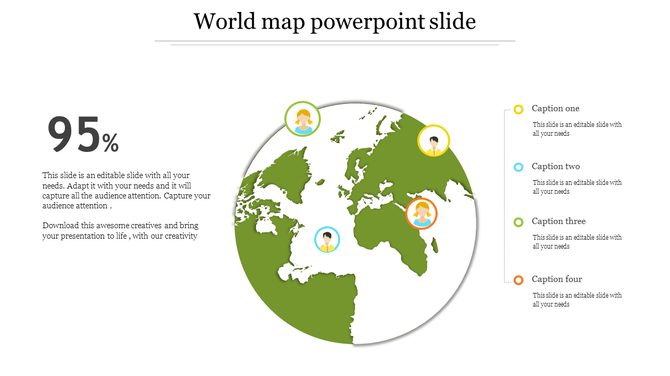 Stylized green world map with four circular profile icons placed at different locations, linked to color coded captions.