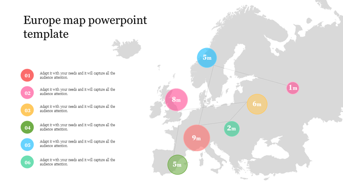 Europe map slide with colorful markers indicating data points and captions for various locations with placeholder text.