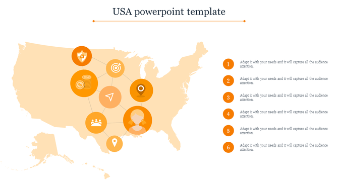 USA map infographic with orange circular icons connected by dotted lines, representing various business concepts.