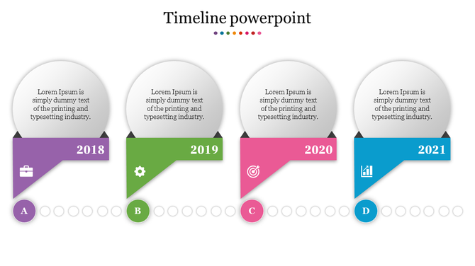 A colorful timeline slide with years 2018 to 2021, each featuring an icon and text describing the key event for each year.