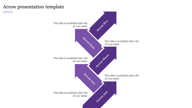 Vertical layout with five purple arrows pointing up, each with a space for text on a white background.
