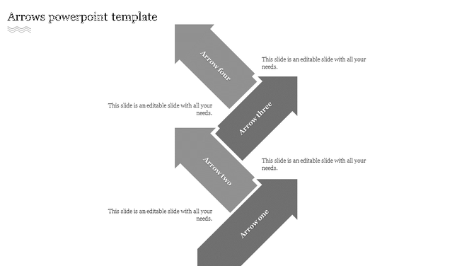 Grey diagonal arrows template with four connected segments forming a zigzag pattern, designed for presentation.