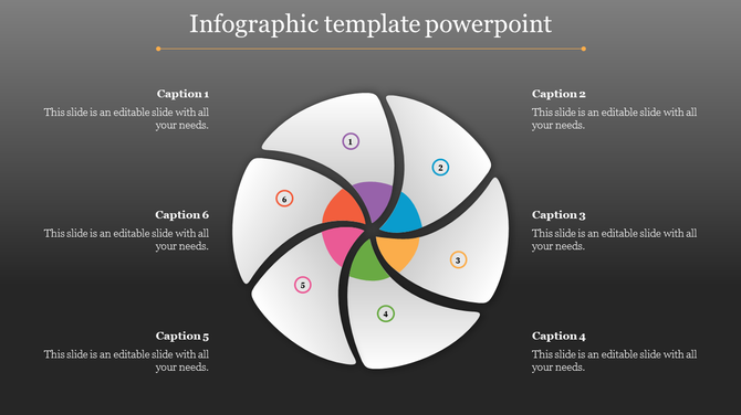 Modern infographic with a rotating pinwheel design, featuring six sections in white, surrounded by text placeholders.