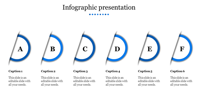 Infographic PPT slide with six sections, each represented by a blue circle and a corresponding caption.