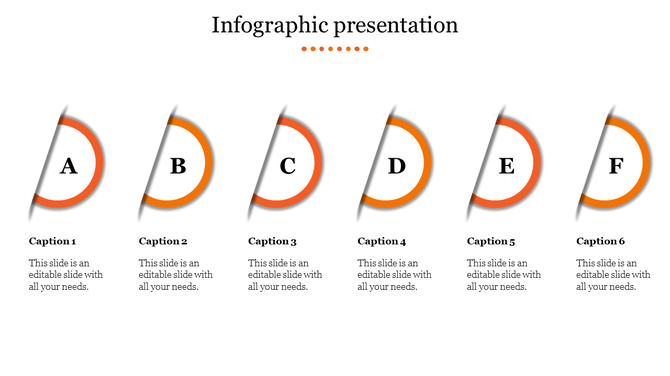 Infographic PPT slide with six sections, each represented by an orange circle and a corresponding caption.