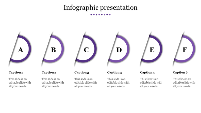 Infographic slide with six purple accented semi-circular segments, labeled A-F, with caption areas. 
