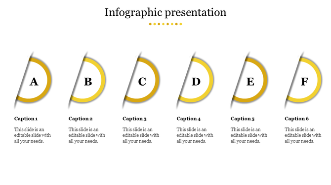 Infographic PPT slide with six sections, each represented by a yellow circle and a corresponding caption.