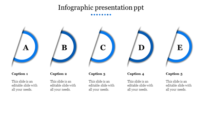 Infographic template with five semi circular elements labeled A to E with blue outer rings and caption areas.