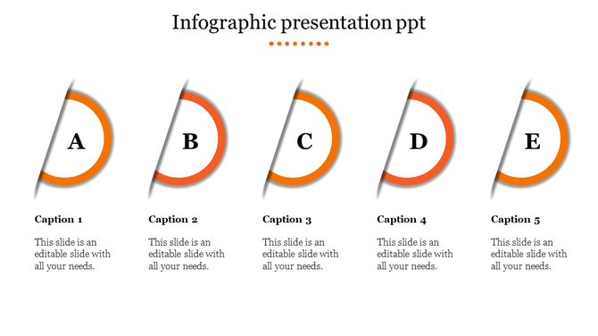 Infographic template with five semi circular elements labeled A to E with orange outer rings and caption areas.