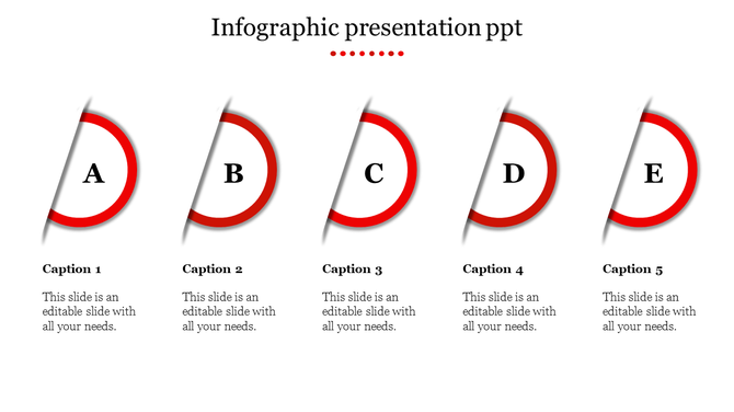 Horizontal set of five red rings with inner letters from A to E, representing an infographic layout.