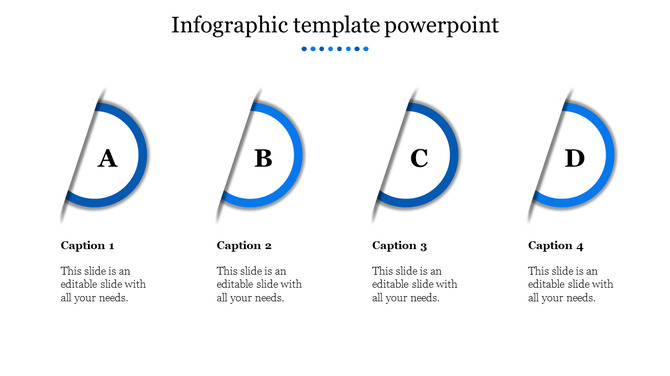 Infographic template with four semi circular segments, A-D, blue accents, captions, and text placeholders below.