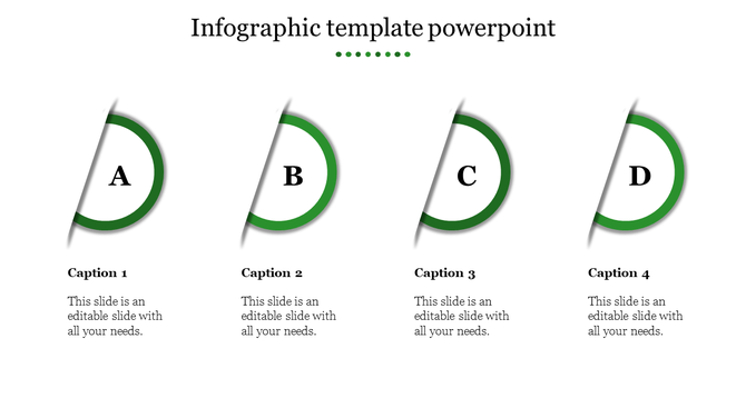 Infographic PowerPoint template with four green circular sections with captions and placeholder text on a white backdrop.