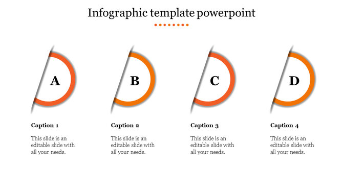 Infographic template with four semi circular segments, A-D, orange accents, captions, and  text placeholders below.