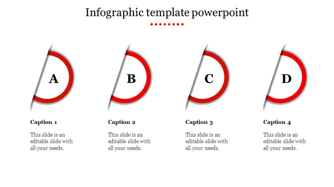 Infographic PowerPoint template with four red circular sections with captions and placeholder text on a white backdrop.