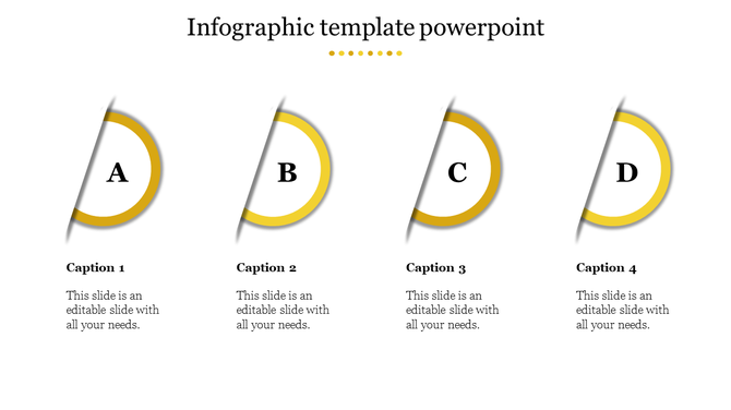 Four yellow edged semi circles, A-D, in ainfographic template with captions areas placed in a white backdrop.