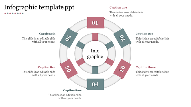 Infographic PowerPoint template with a circular design, featuring six numbered sections and labeled captions.
