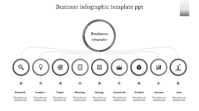 Gray themed slide featuring a business infographic with nine circular icons, connected to a central circle.
