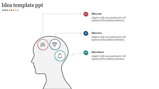 Idea template featuring a dotted head silhouette with three circular icons connected to numbered idea sections.