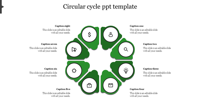 Circular green cycle infographic with eight curved segments, each holding a white icon and connected to text captions.