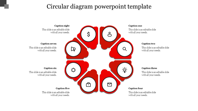 Circular red diagram with eight shaped segments, each containing a white icon and connected to surrounding caption areas.