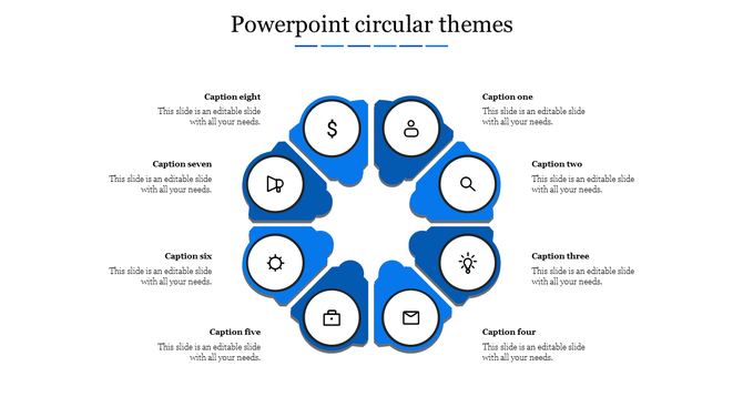 Slide showing a circular infographic with eight blue sections, each containing a unique icon and caption areas.