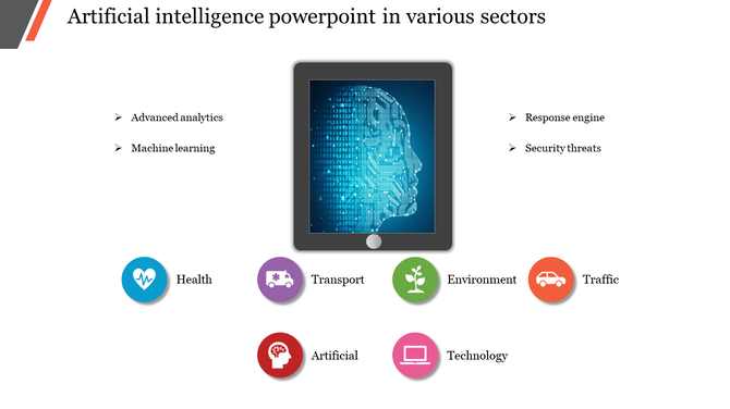 PowerPoint slide showing artificial intelligence in various sectors with related colored icons.