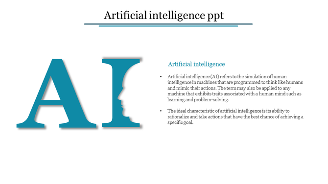 Artificial intelligence slide with large letter features a human face silhouette cutout, and a text section on AI concepts.