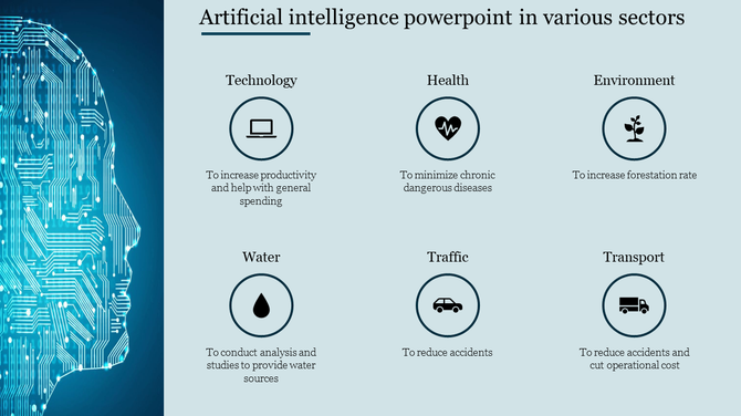 Artificial intelligence template featuring a digital head outline and six circular icons for various sectors.