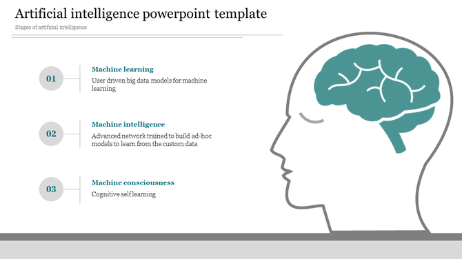 Artificial intelligence slide with three numbered stages and a profile head illustration featuring a teal brain.