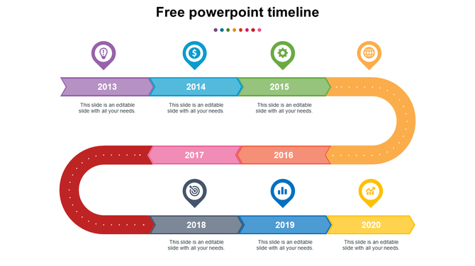 Timeline slide with colorful winding path marking years 2013 to 2020, associated milestone icons for each with text area.