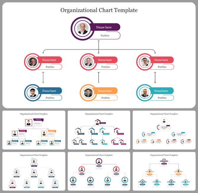 Colourful organizational chart slide deck with one leader and two levels of subordinates below, using circular frames.