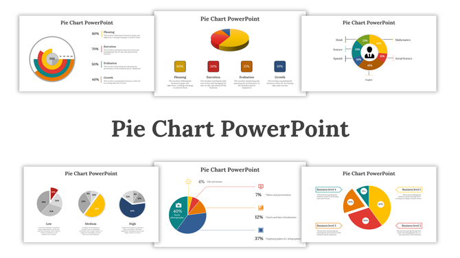 Colorful pie chart PowerPoint slides illustrating different categories such as business levels, subjects, and performance.