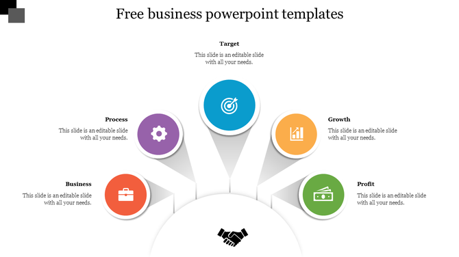 Business slide with five colorful circular icons connected to a handshake symbol with placeholder text.