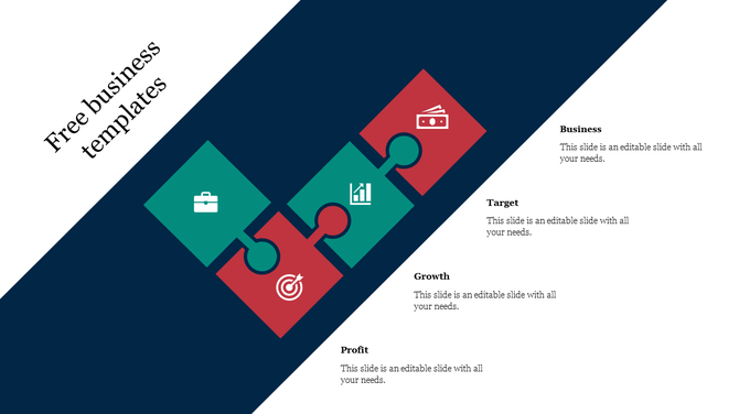 Four piece puzzle infographic with alternating red and green squares, each containing business related icons.