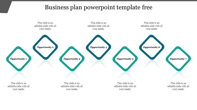 Business plan PowerPoint template with seven opportunities displayed in diamond shapes, each labeled with a number.