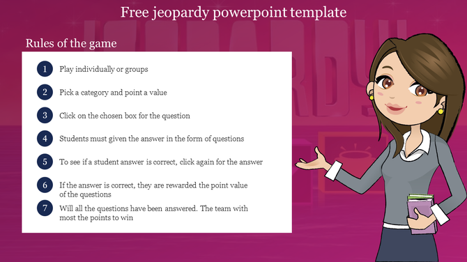 Cartoon woman holding books on the right, with numbered rules for a Jeopardy game on the left, set against a pink backdrop.