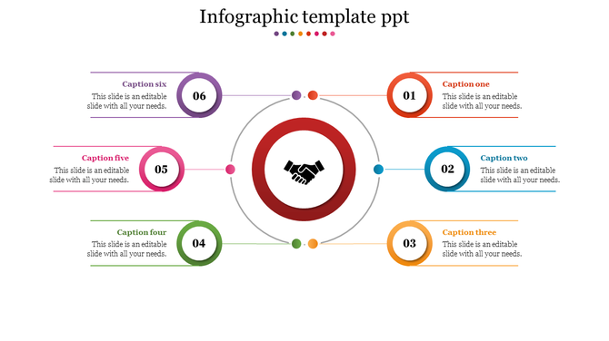 Circular infographic with six numbered sections, each in a different color, connected to a central handshake icon.