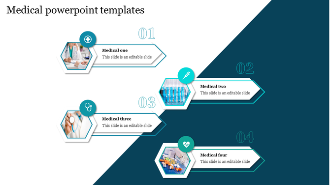 Medical themed infographic with four hexagonal steps, each featuring an icon, image, and numbered labels in blue tones.