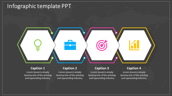 Dark themed infographic with four hexagonal sections, each outlined in different colors and placed with icons.