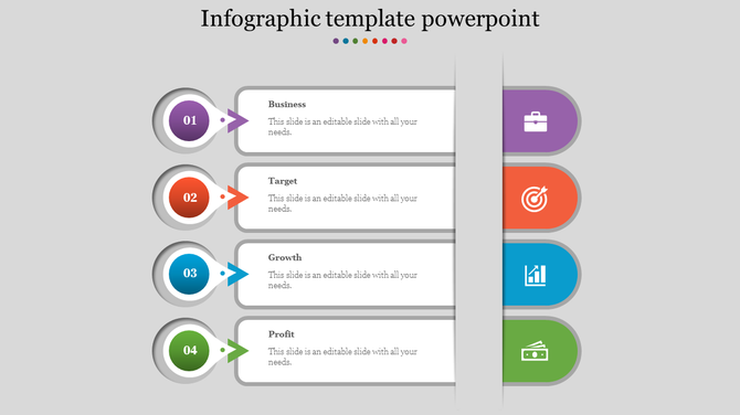 Infographic PPT slide with four sections business, target, growth, and profit, each with corresponding icons and arrows.