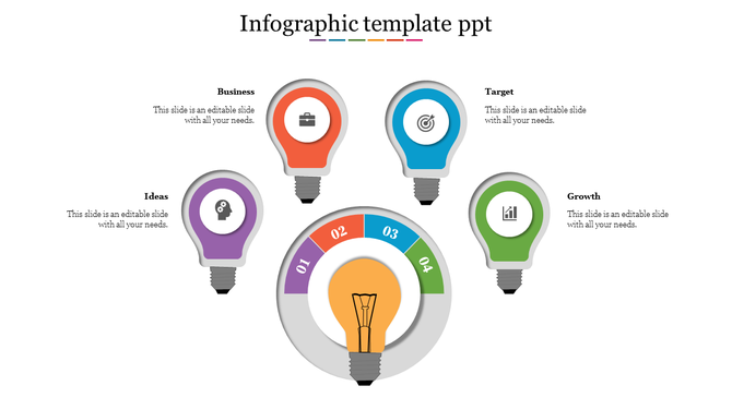 Infographic with five colorful lightbulb icons arranged in a semicircle with a central glowing lightbulb encircled.