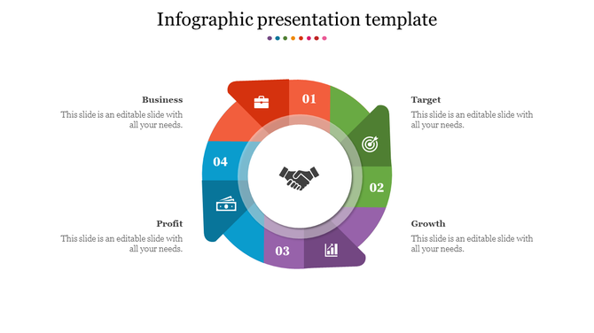 Colorful infographic PPT slide with business, target, growth, and profit sections, each featuring an icon and numbered steps.