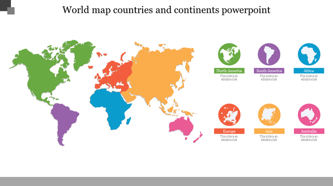 Visual slide of a world map with each continent distinctly colored and labeled with matching icons for easy identification.