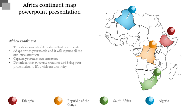 Africa map with blue, red, orange, and green pins highlighting countries, and matching labels below.